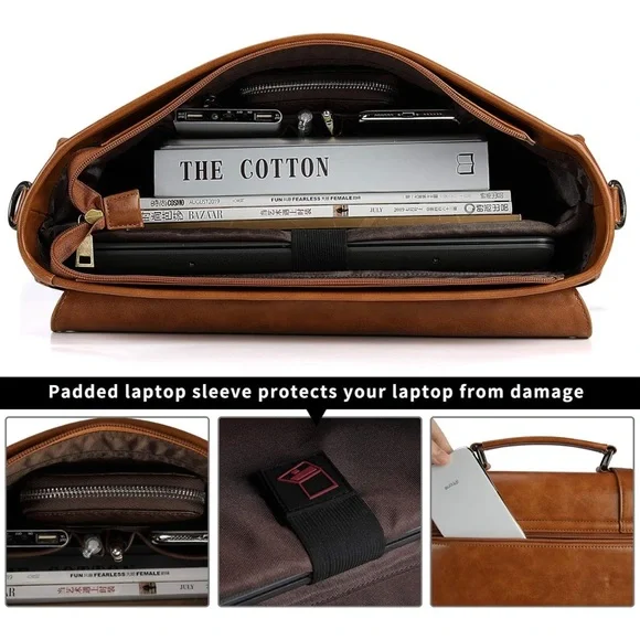 Leather Messenger Bag Vintage 15.6 Inch Laptop Briefcase Satchel Shoulder Bag - Picture 6 of 16